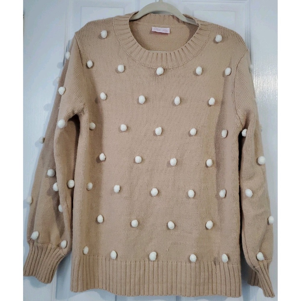 Pink Lily Women's Beige Sweater with Pom Pom Details, Size Small